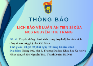 Thông báo tổ chức bảo vệ luận án tiến sĩ cho nghiên cứu sinh Nguyễn Thu Trang