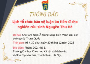 Thông báo lịch tổ chức bảo vệ luận án tiến sĩ cho nghiên cứu sinh Nguyễn Thu Hà