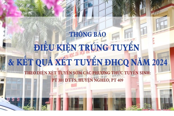 Thông báo điều kiện trúng tuyển và kết quả xét tuyển ĐHCQ năm 2024 theo diện xét tuyển sớm các phương thức tuyển sinh (PT 301 DTTS, Huyện nghèo), PT 409)