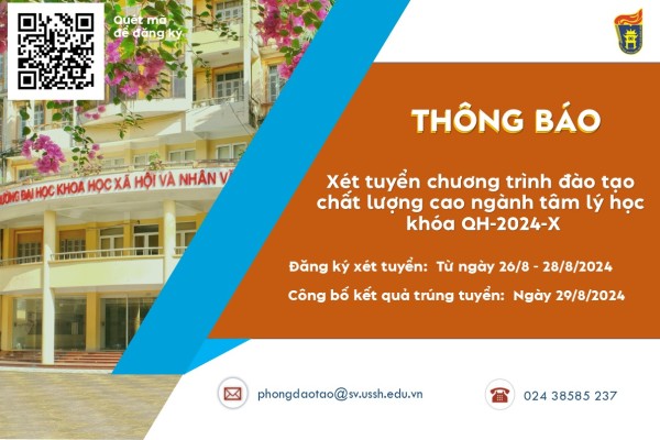 Thông báo xét tuyển chương trình đào tạo chất lượng cao ngành tâm lý học khóa Qh-2024-X