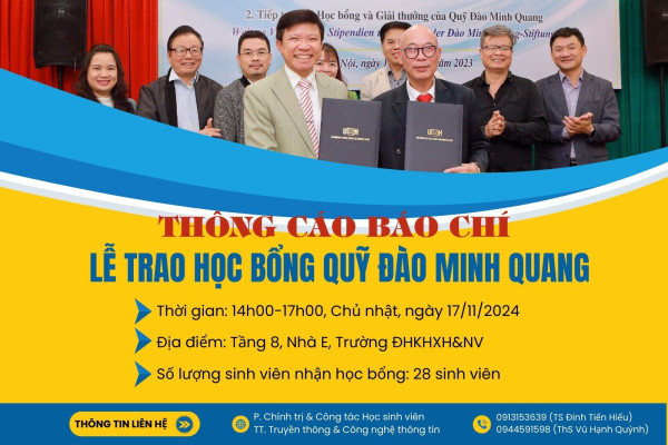 Thông cáo báo chí Lễ trao học bổng Quỹ Đào Minh Quang năm học 2024-2025 cho sinh viên VNU- game đánh chắn online đổi thưởng
